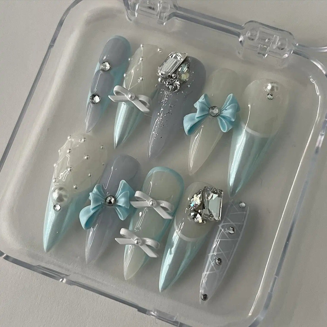 Handmade Light Blue Ribbon and Diamond Press on Nails G41