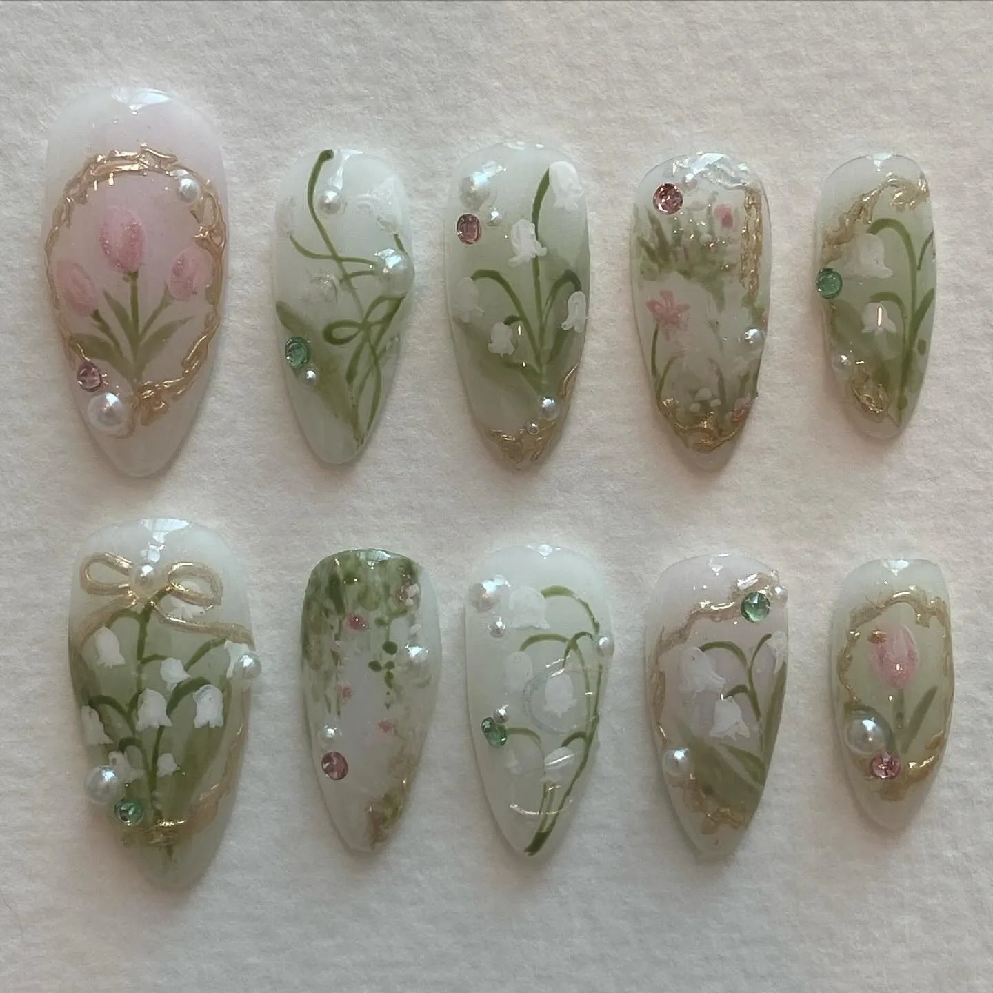 Handmade Lily of the Valley Tulip Green Gold Frame Pearl Spring Press on Nails V24