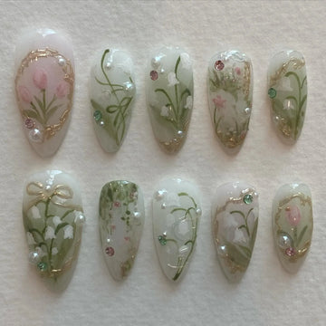 Handmade Lily of the Valley Tulip Green Gold Frame Pearl Spring Press on Nails V24