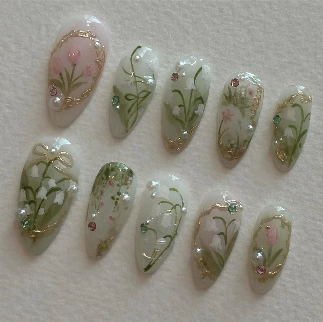 Handmade Lily of the Valley Tulip Green Gold Frame Pearl Spring Press on Nails V24