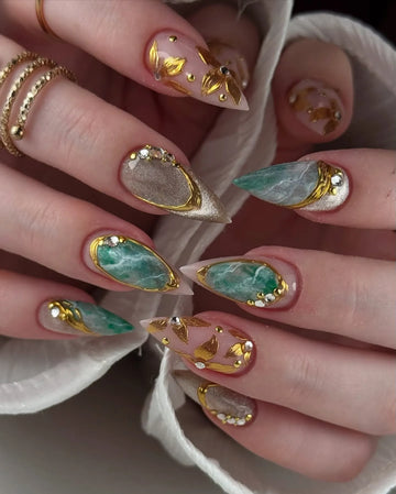 Handmade Luxurious Gold Frame Green Marble Gemstone Floral Accent Press on Nails G50