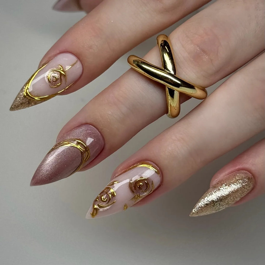 Handmade Gold Glitter Chrome Rose Floral Swirl Press on Nails R23