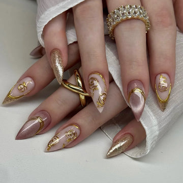 Handmade Gold Glitter Chrome Rose Floral Swirl Press on Nails R23