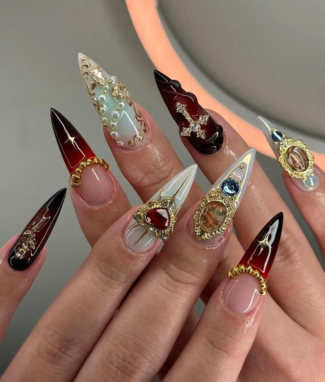 Handmade Luxury Angels Gold Framed Cross Press on Nails D71