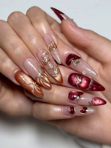 Handmade Luxury Autumn/Fall Red Cat Eye 3D Gold Pumpkin Apple Fake Nails PZ9