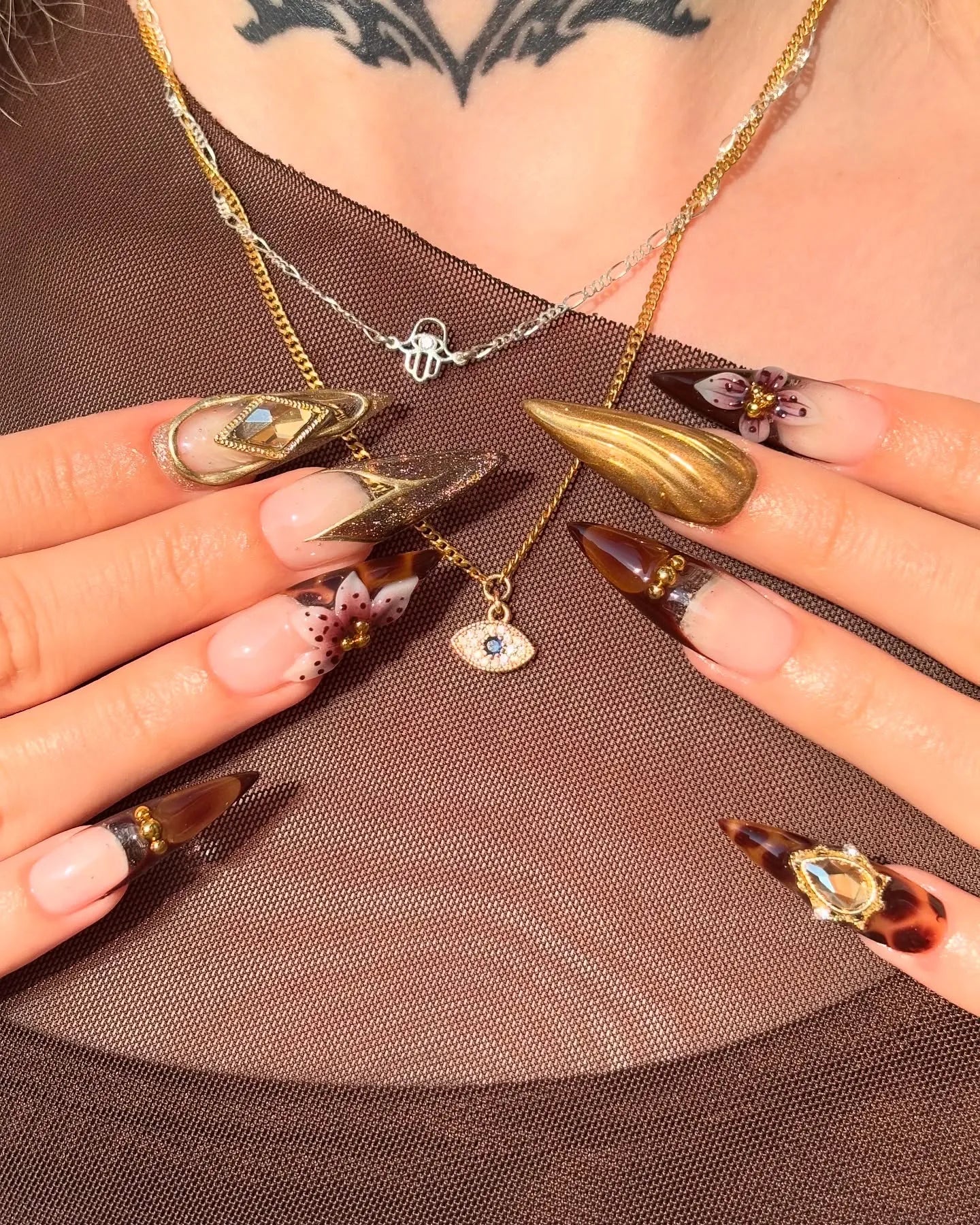 Handmade luxury brown tortoise shell and gold gem press-on nails with floral accents