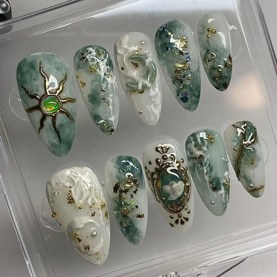 Handmade Marble Green Gold Foil Vintage Baroque Cloud Press on Nails F24