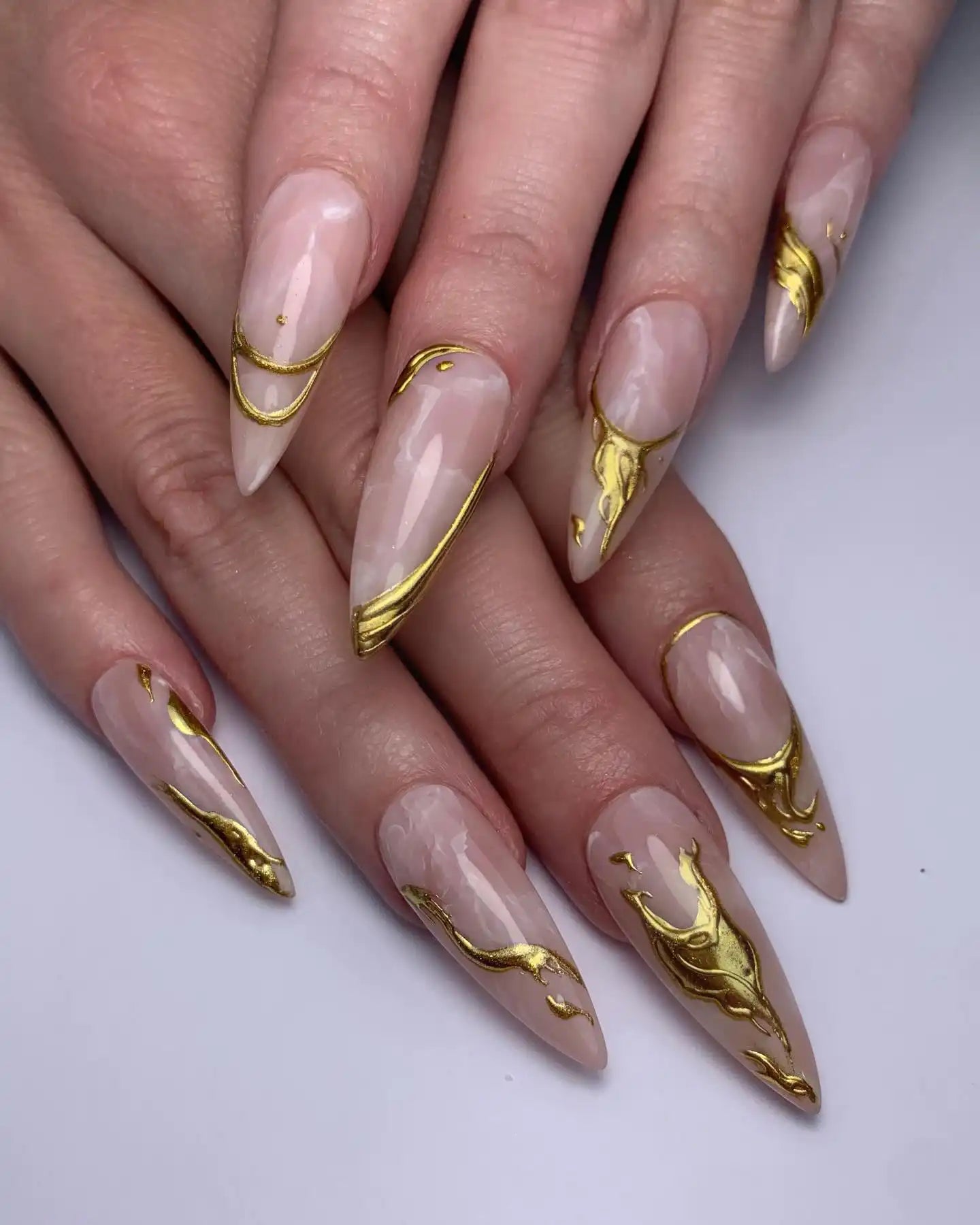 Handmade marble stone press-on nails with gold metallic molten fluid art accents