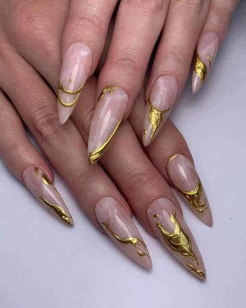 Handmade marble stone press-on nails with gold metallic molten fluid art accents