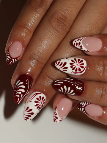 Handmade Maroon White Porcelain Folk Art Festive Pattern Press on Nails X85