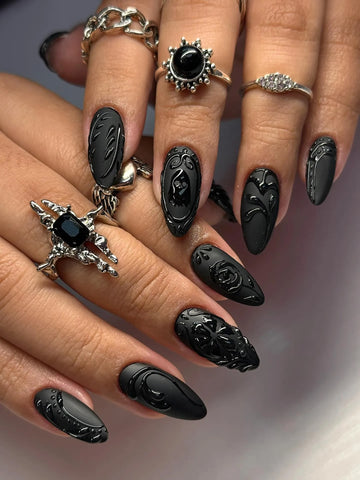 Handmade Matte Black Gothic 3D Textured Ghost and Rose Press on Nails PS9