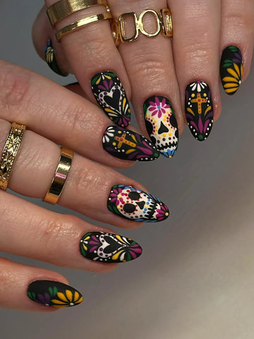 Handmade Matte Black Sugar Skull Dia de los Muertos Colorful Floral Press on Nails PS5