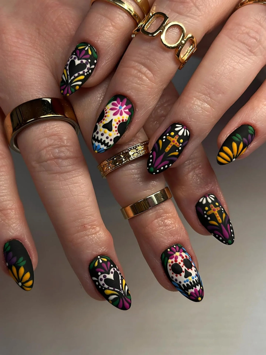 Handmade Matte Black Sugar Skull Dia de los Muertos Colorful Floral Press on Nails PS5