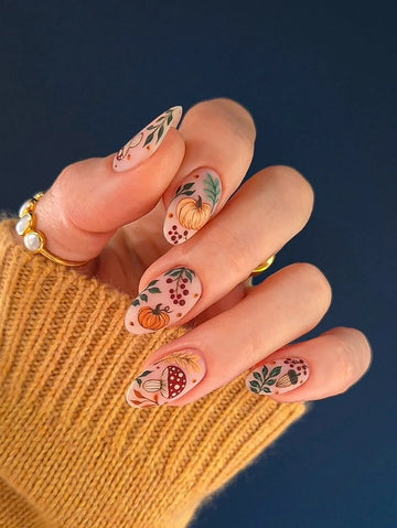 Handmade Matte Nude Autumn Leaves Pumpkin Mushroom Acorn Press on Nails QC5