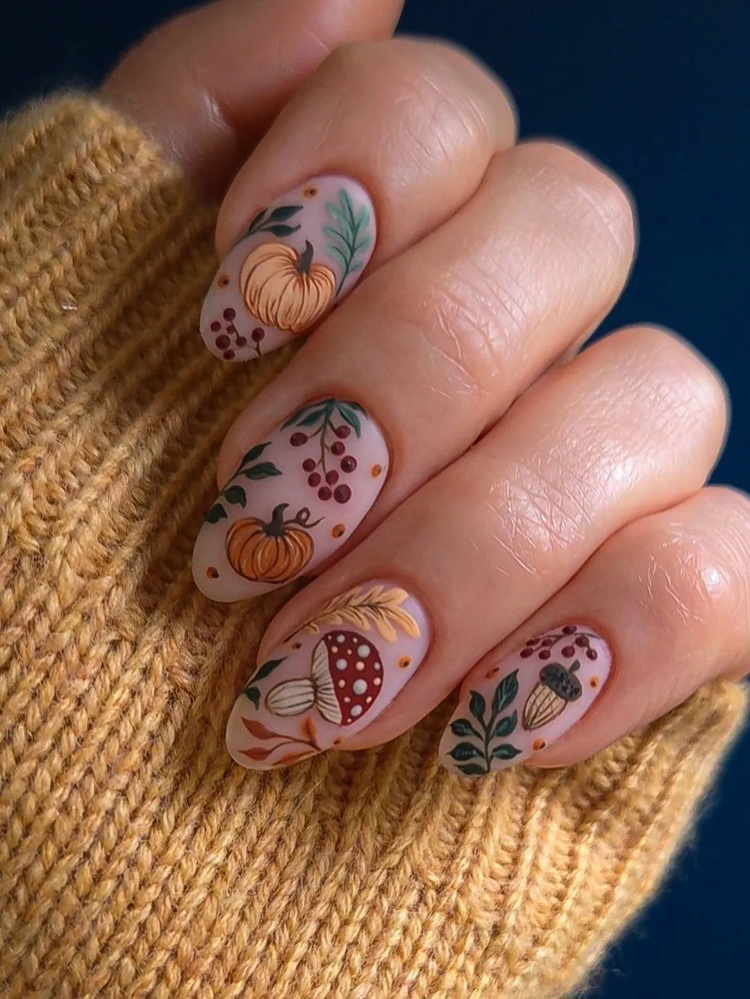 Handmade Matte Nude Autumn Leaves Pumpkin Mushroom Acorn Press on Nails QC5