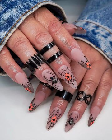 Handmade Matte Nude Black Spiderweb Orange Flower Gemstone Press on Nails QD3