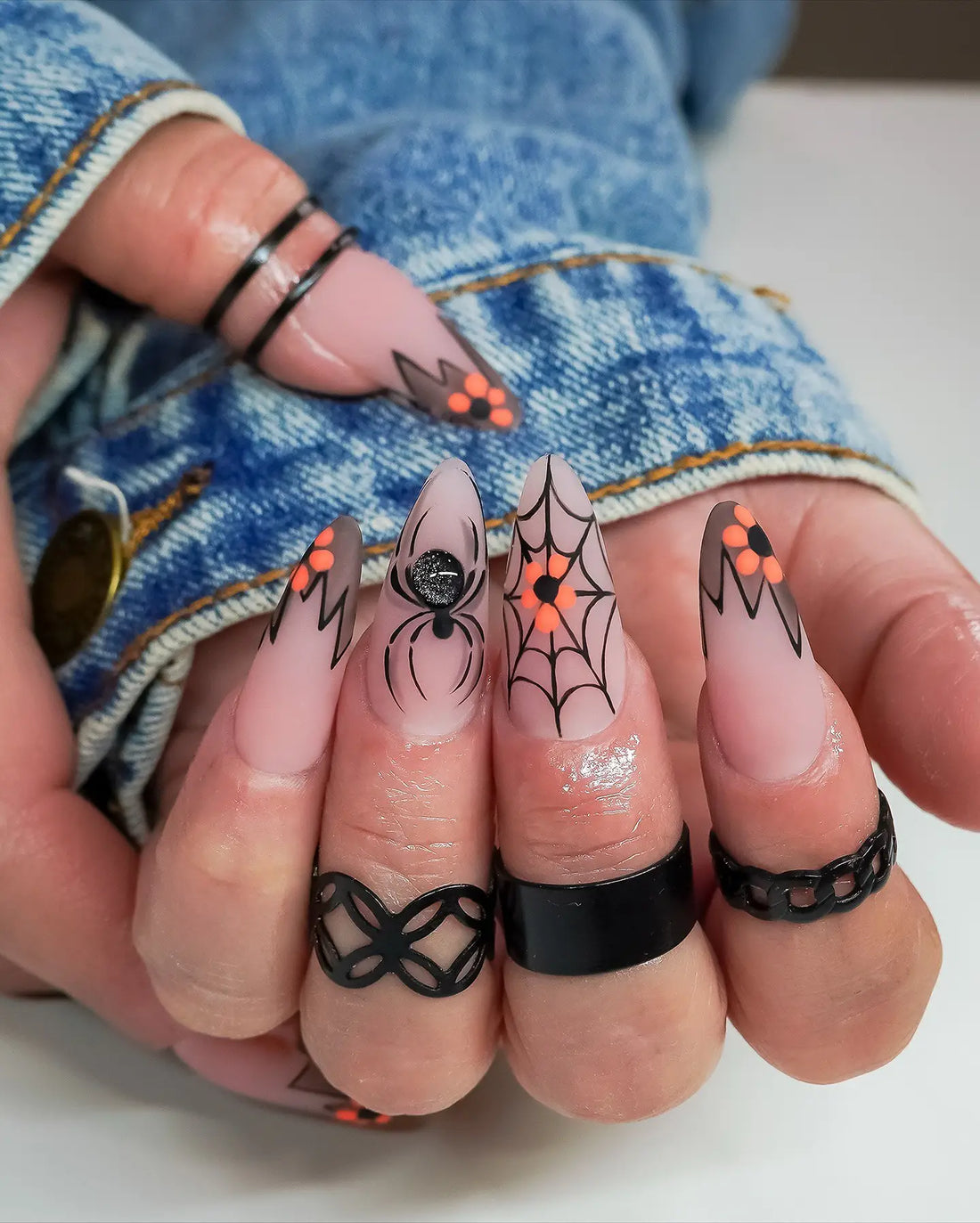 Handmade Matte Nude Black Spiderweb Orange Flower Gemstone Press on Nails QD3