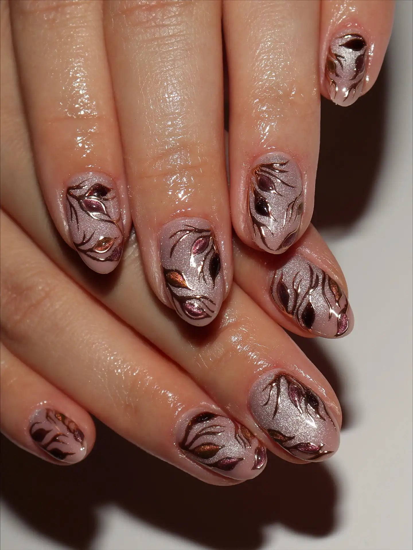 Handmade Mauve Chrome Metallic Leaf Autumn Artistic Luxury Press on Nails T59