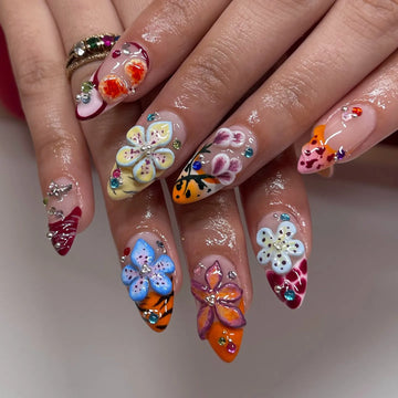 Handmade Abstract 3D Flower Bling Colorful Summer Press on Nails R06