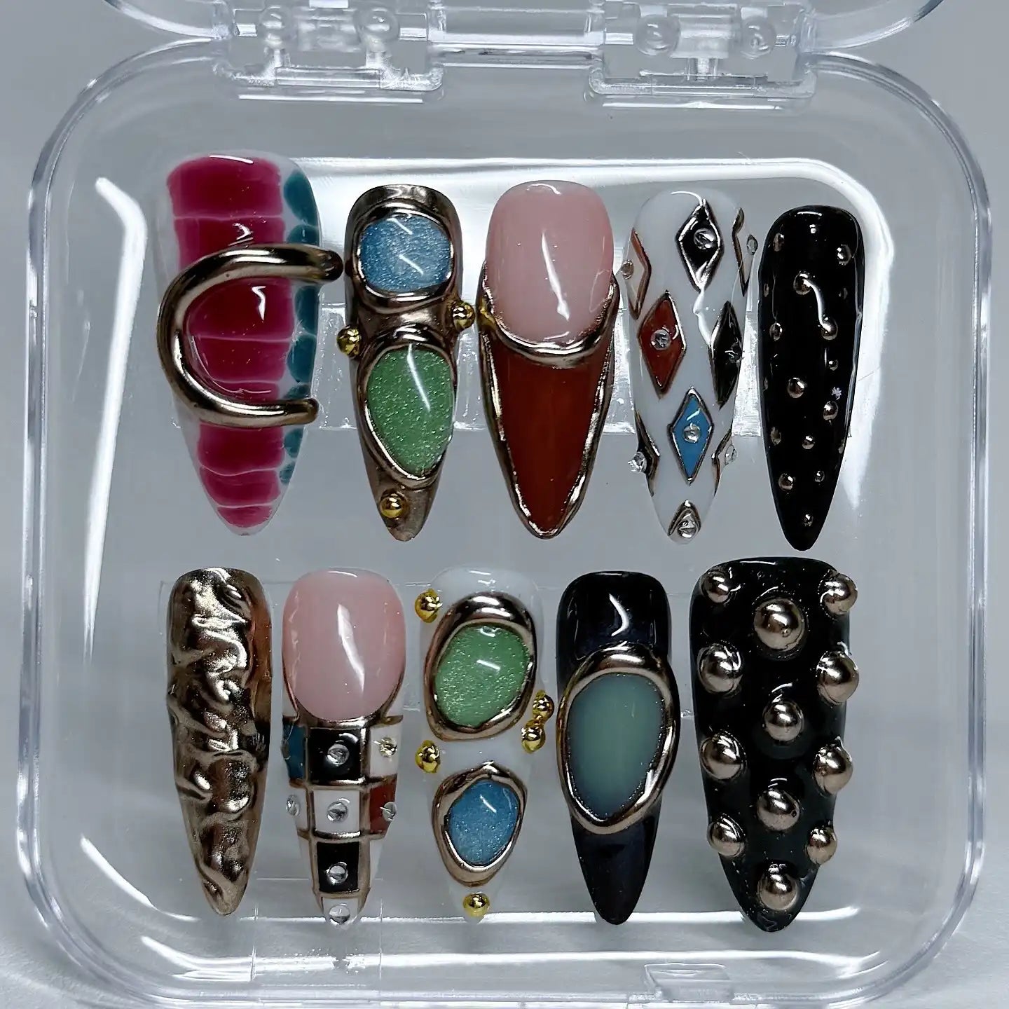 Handmade Maximalist Abstract Gemstone Metallic Stud Modern Press on Nails V66
