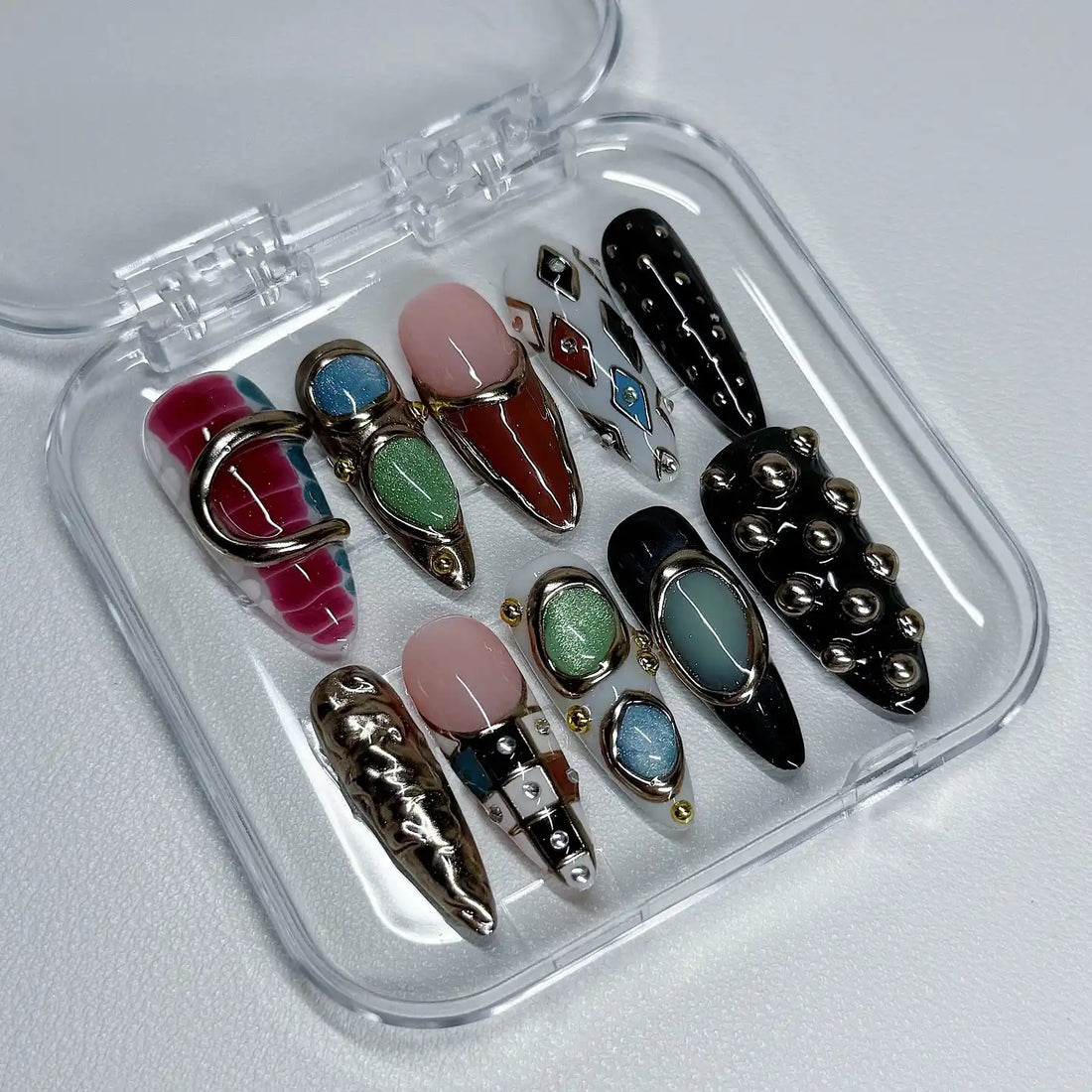 Handmade Maximalist Abstract Gemstone Metallic Stud Modern Press on Nails V66