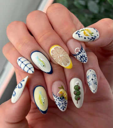 Handmade Lemon Olive Fish Blue Tile Artistic Press on Nails F79