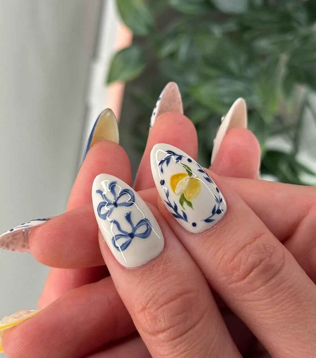 Handmade Lemon Olive Fish Blue Tile Artistic Press on Nails F79