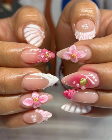 Handmade Mermaid Beach Ocean Pink Shell Flower Pearl Nude Press on Nails K67