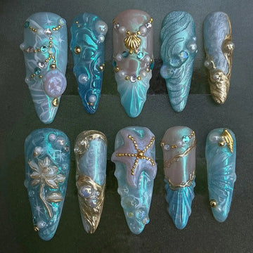 Handmade Mermaid Blue Starfish Shell Gold Pearl Fantasy Press on Nails Q36