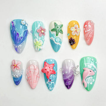 Handmade Mermaid Ocean 3D Starfish Flower Colorful Summer Press on Nails V01