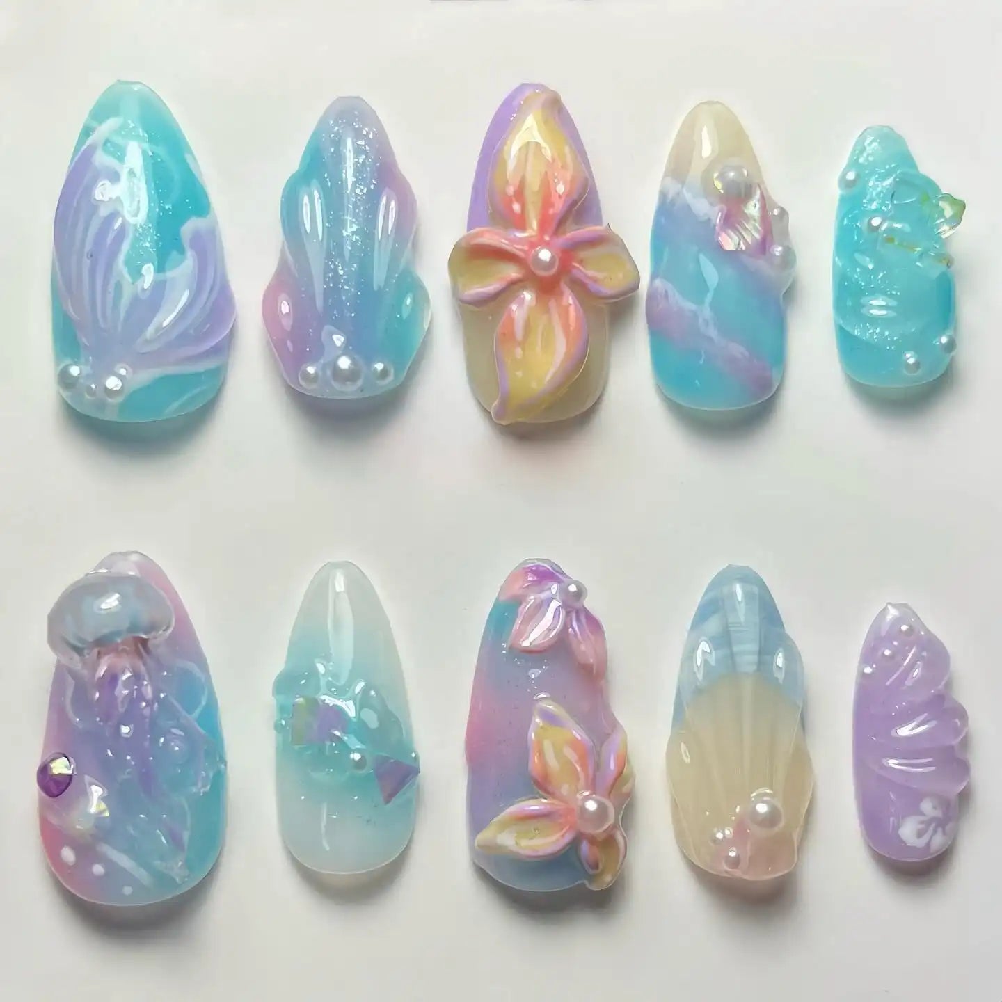 Handmade Mermaid Ocean Aquatic Seashell Pearl Jellyfish Press on Nails C96