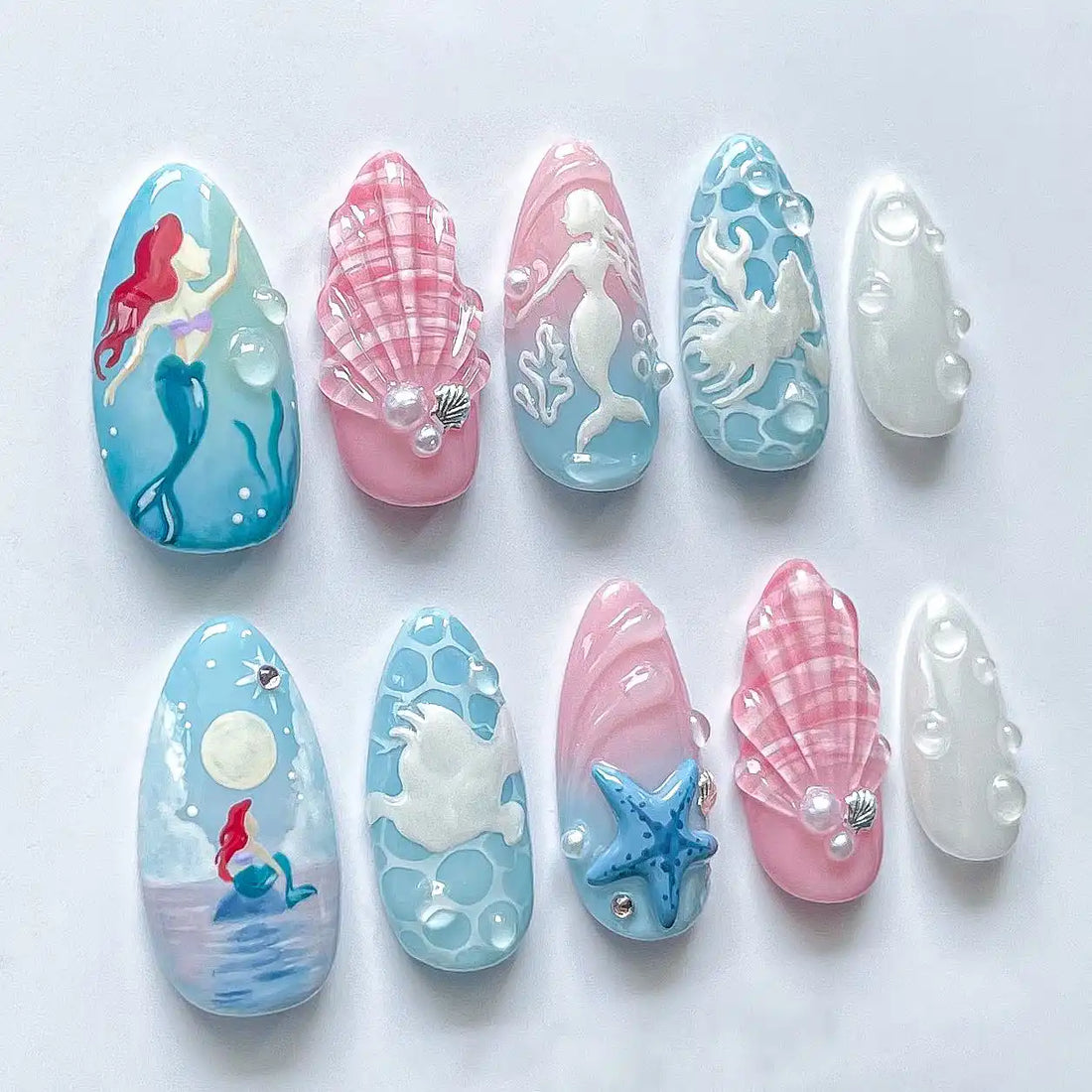 Handmade Mermaid Ocean Fantasy Pink Blue 3D Pearl Press on Nails H78