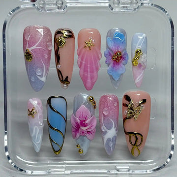 Handmade Mermaid Pastel Gold Seashell Ocean Summer Press on Nails F99