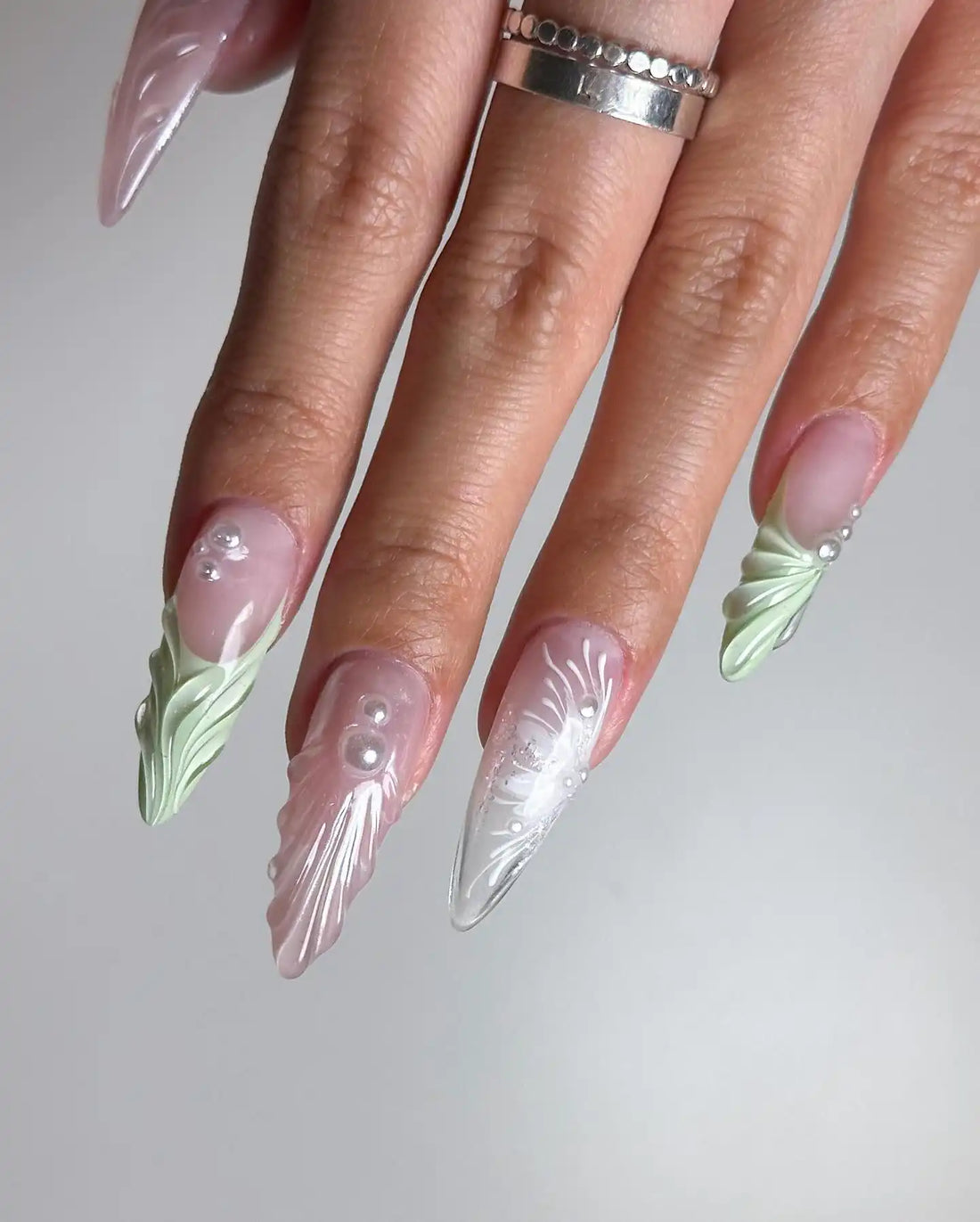 Handmade Mermaid Pearls Light Pink and Green French Nails V15