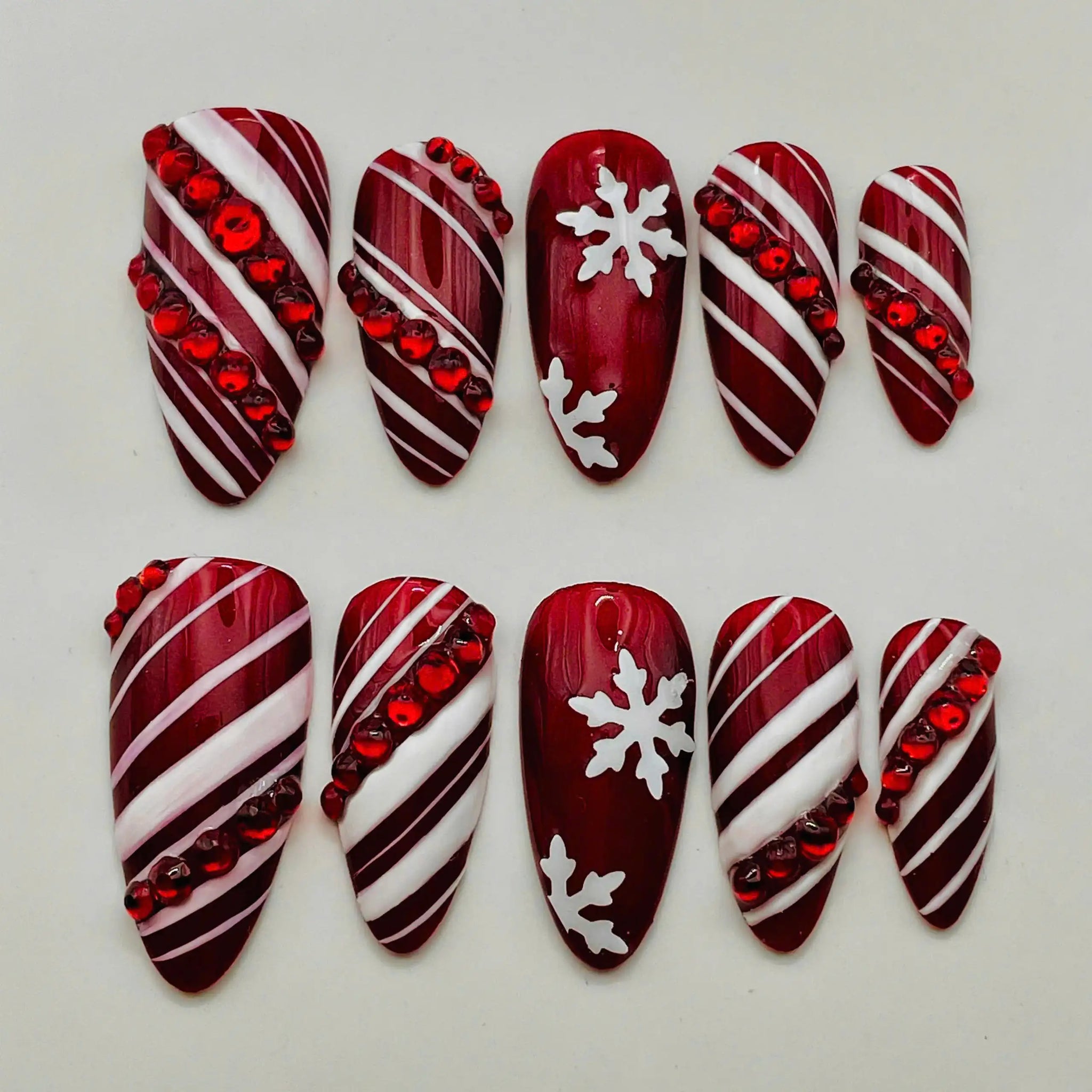 Handmade Merry Christmas Red Candy Cane Fingernails