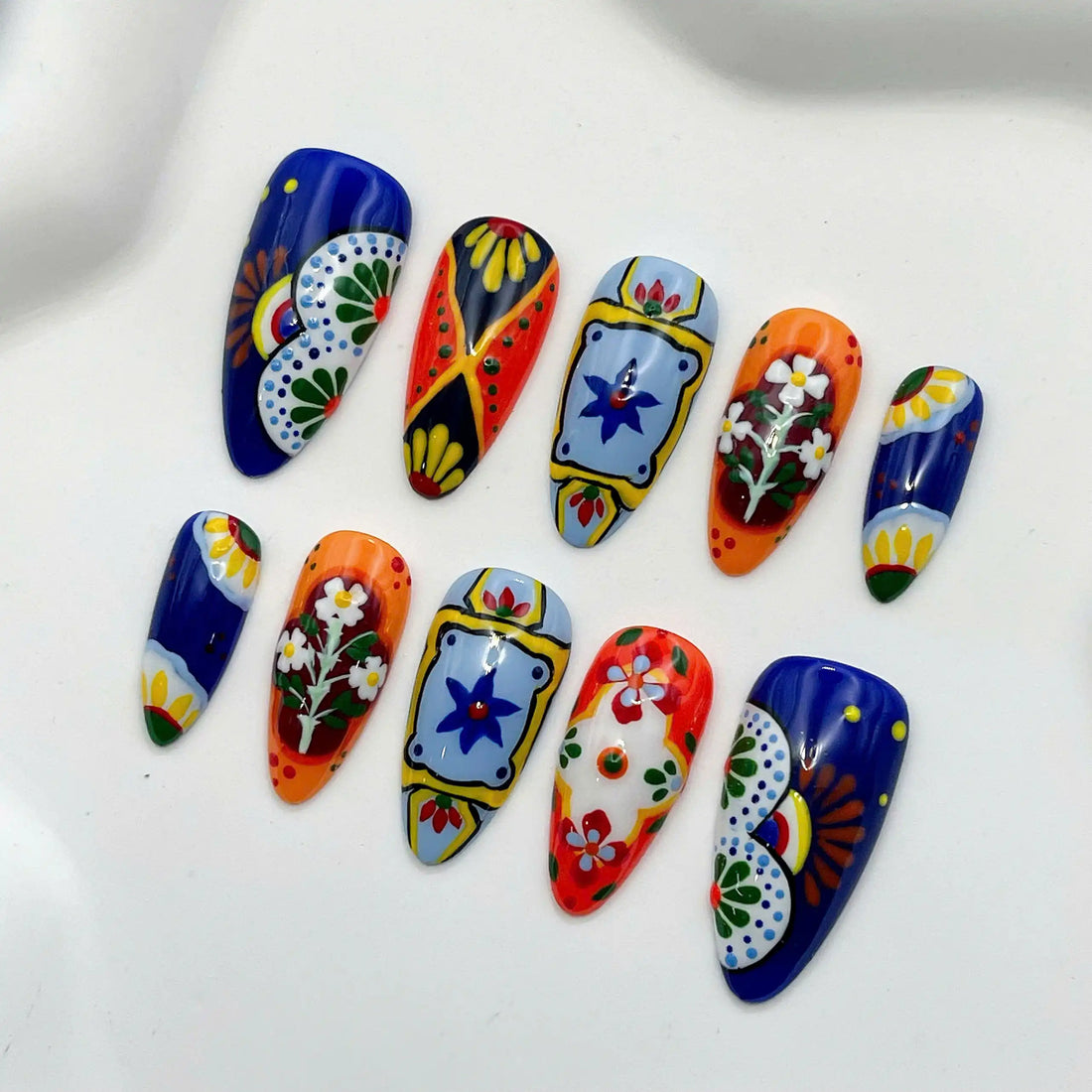 Handmade Mexican Tile Art Talavera Vibrant Colorful Press on Nails Y44