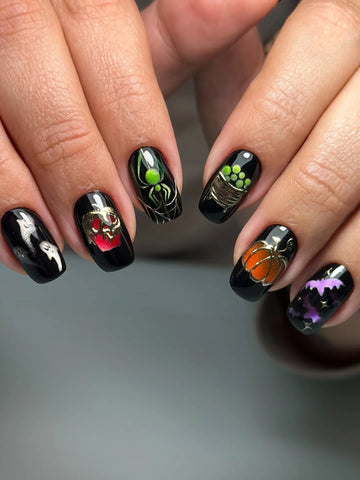 Handmade Midnight Black Gold Metallic Filigree Cauldron Eyeball Poison Apple Press on Nails QC4
