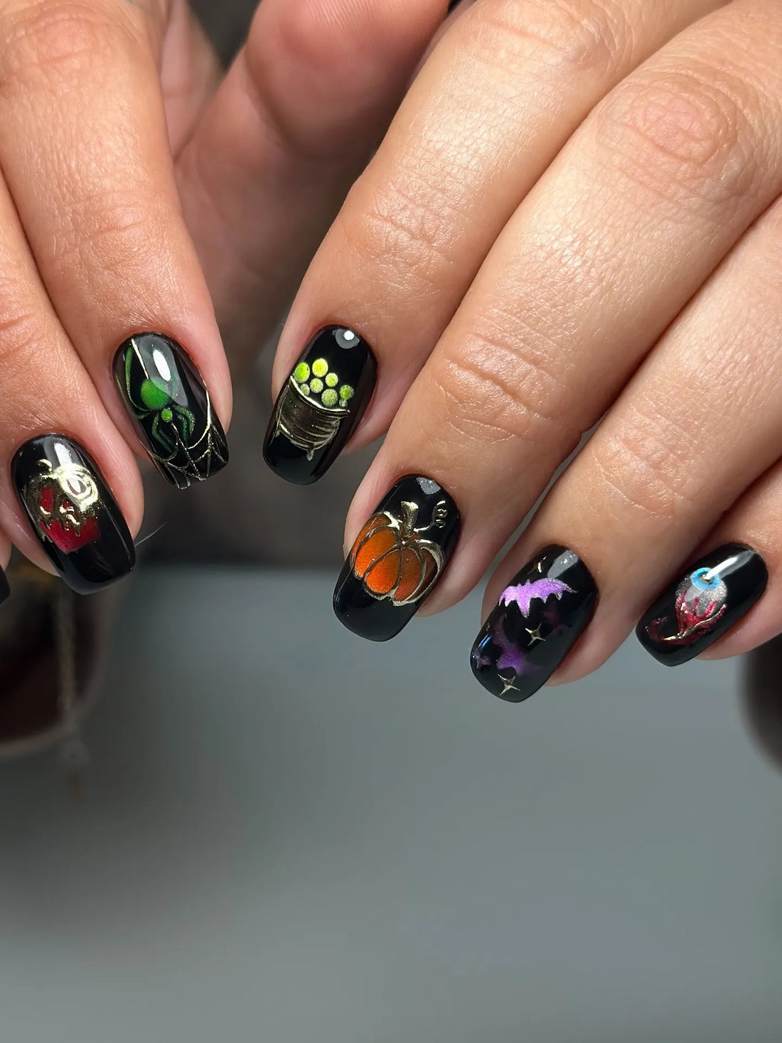 Handmade Midnight Black Gold Metallic Filigree Cauldron Eyeball Poison Apple Press on Nails QC4