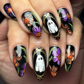 Handmade Midnight Black Gold Vintage Framed Ghost Metallic Floral Press on Nails QF1