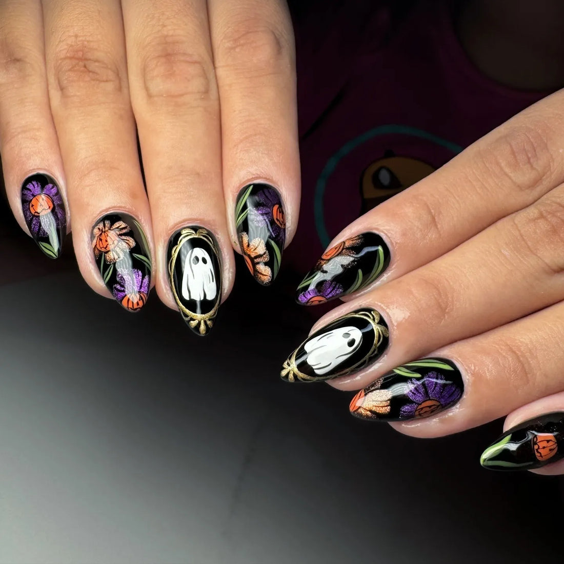 Handmade Midnight Black Gold Vintage Framed Ghost Metallic Floral Press on Nails QF1