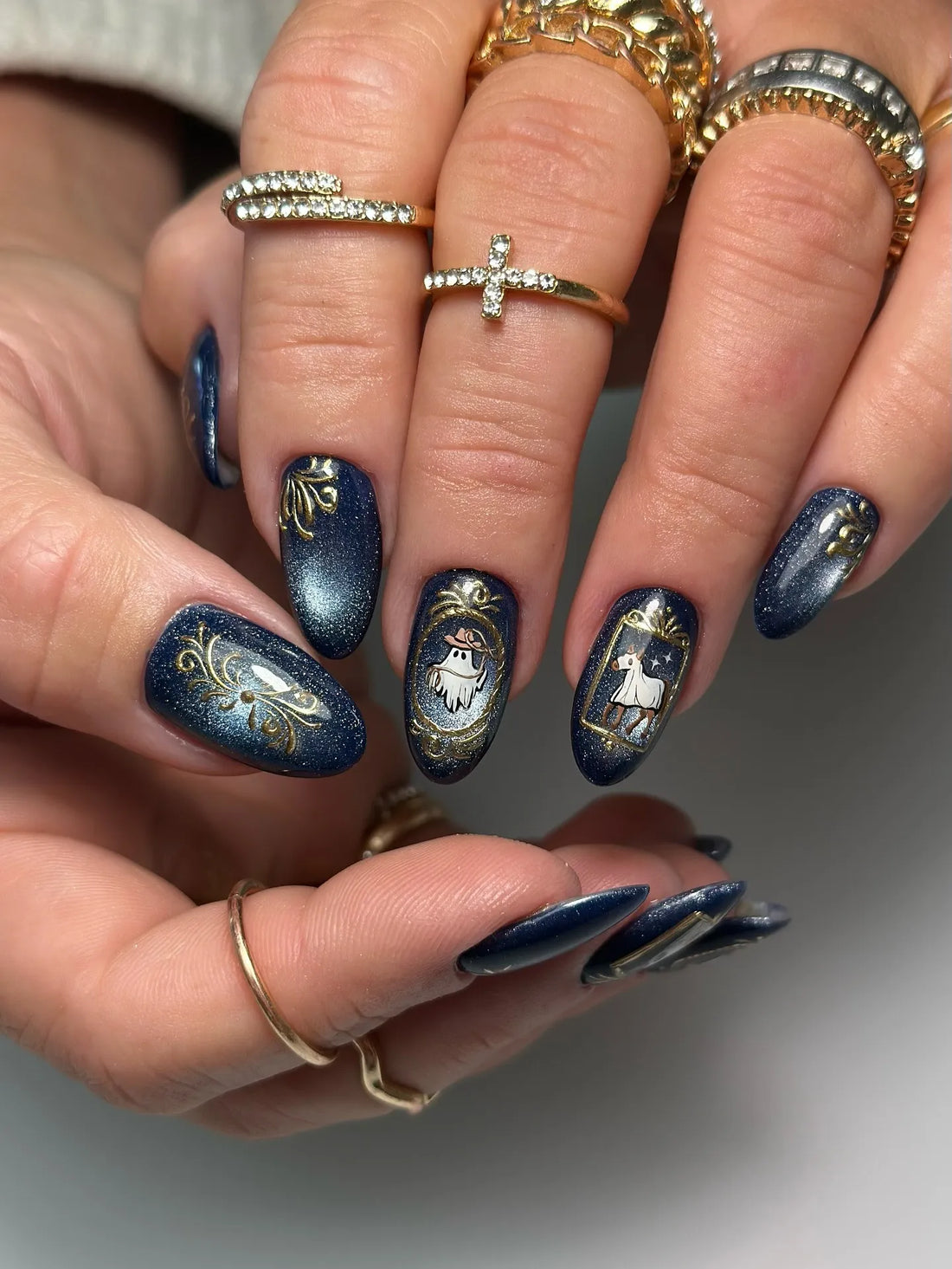Handmade Midnight Blue Cat Eye Gold Framed Ghost Portrait Press on Nails QB8
