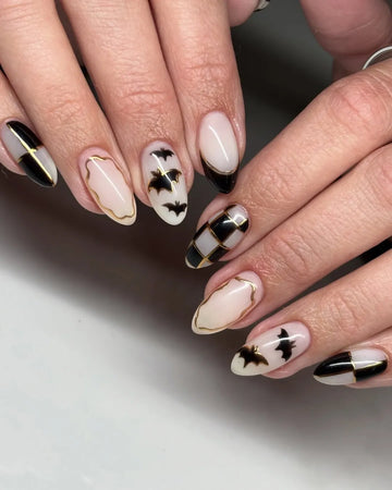 Handmade Minimalist Gothic Nude and Black Plaid Gold Foil Bat Press on Nails PU5