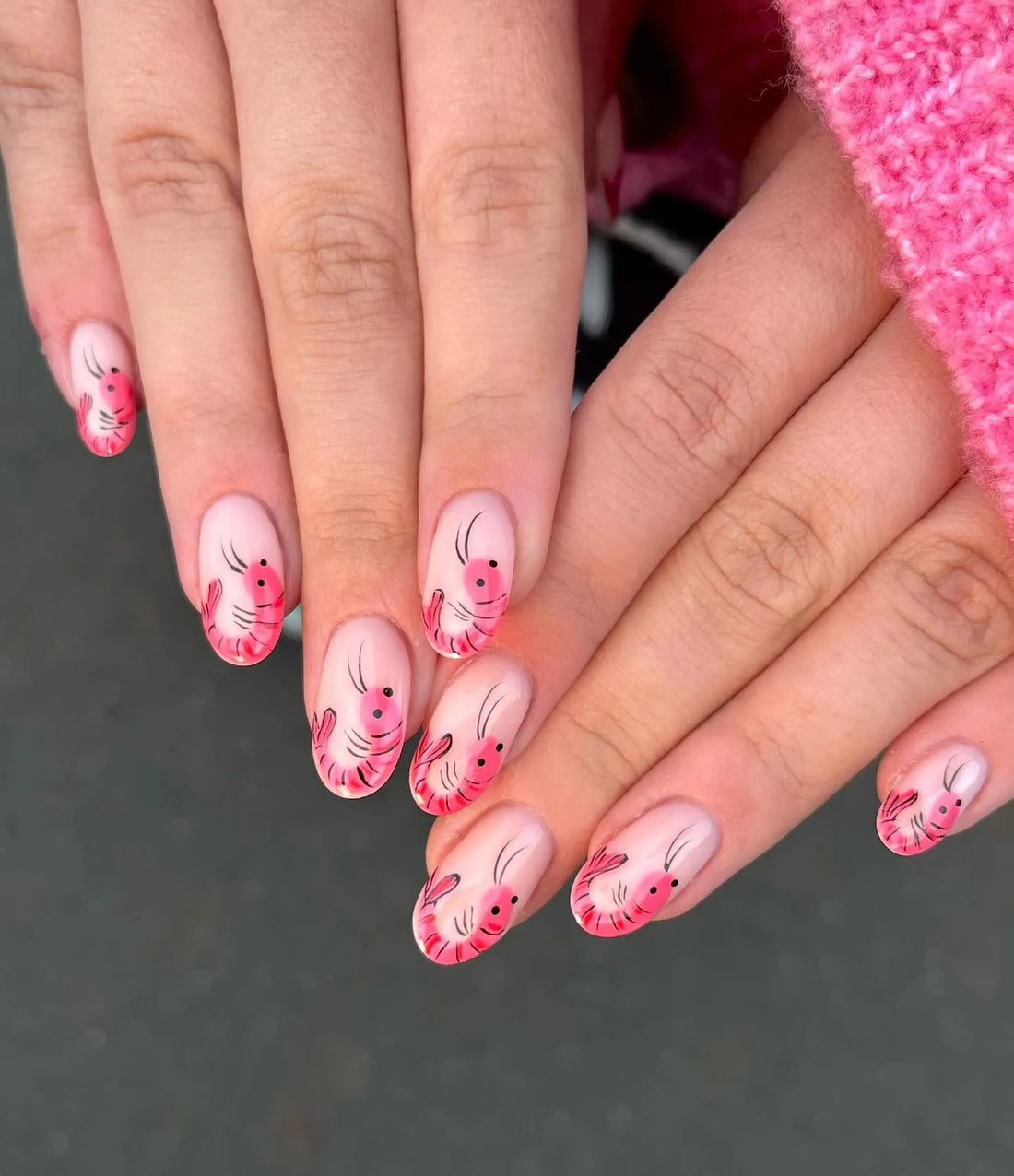 Handmade Minimalist Pink Nude Coquette Shrimp Prawn Animal Art Press on Nails QC8