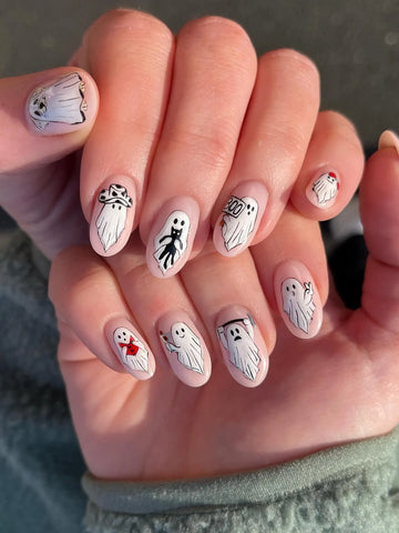 Handmade Minimalist Sheer Nude Playful Sheet Ghost Halloween Press on Nails QD0