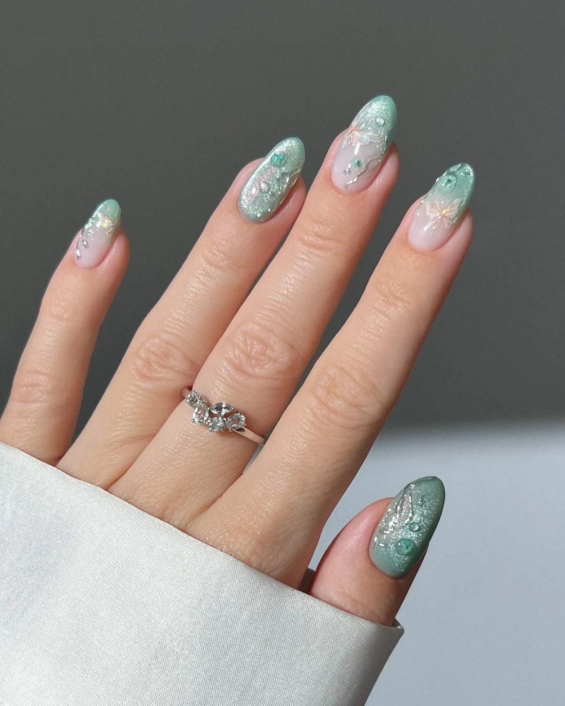Handmade Mint Green French Ombre 3D Butterfly Floral Glitter Press on Nails F48