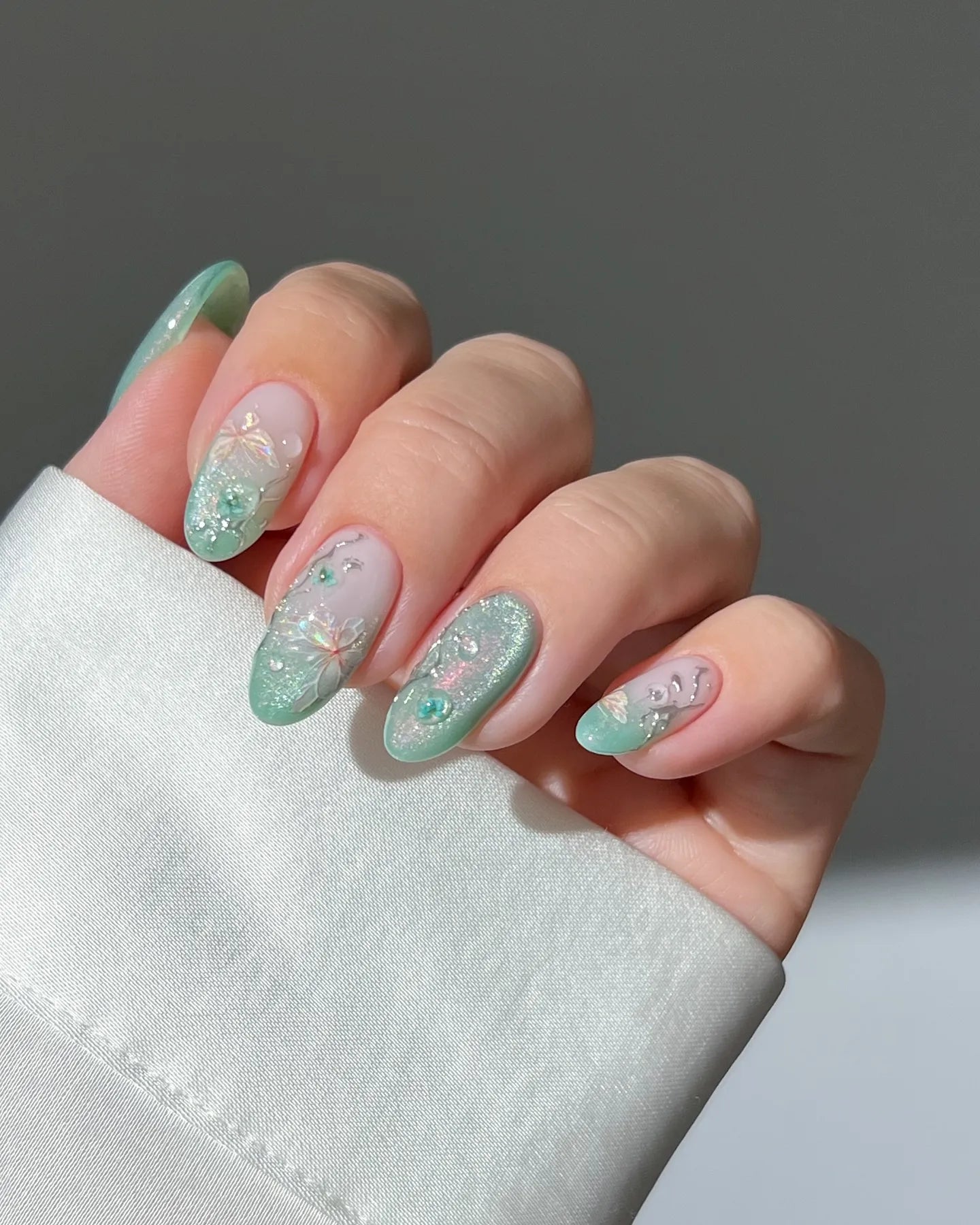 Handmade Mint Green French Ombre 3D Butterfly Floral Glitter Press on Nails F48