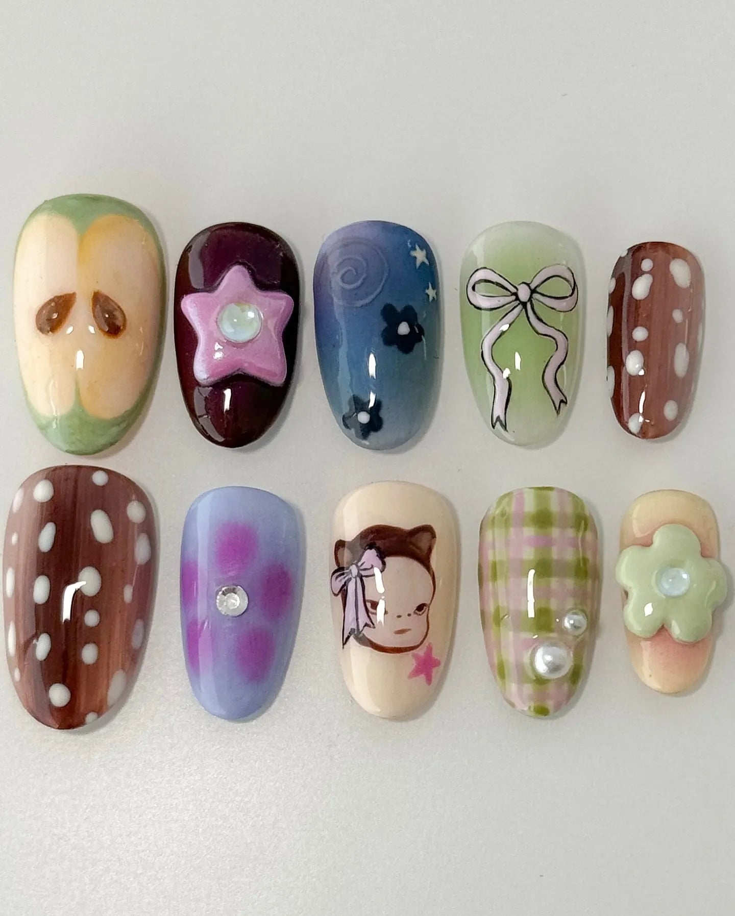 Handmade Mix-and-Match Brown Plaid Apple Girl Bow Cute Press on Nails F62
