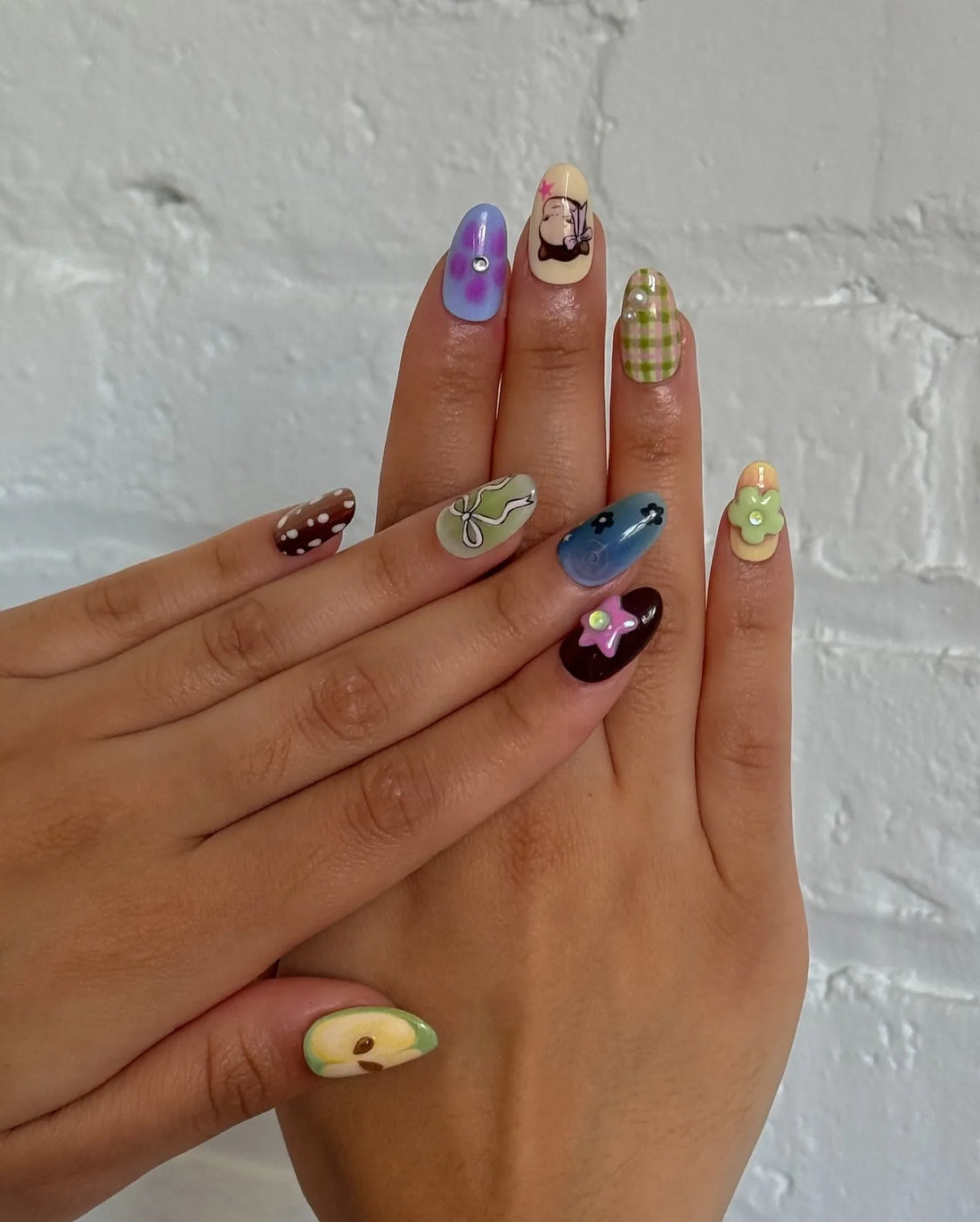 Handmade Mix-and-Match Brown Plaid Apple Girl Bow Cute Press on Nails F62