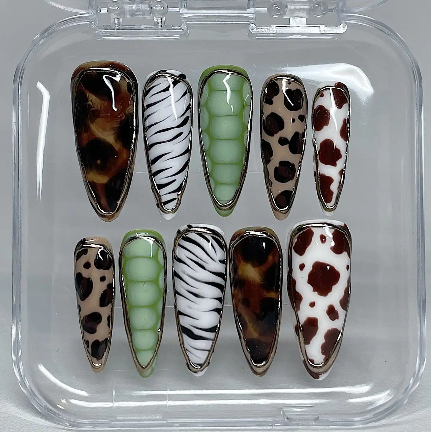 Handmade Mixed Animal Print Tortoise Cow Zebra Reptile Funky Press on Nails X70