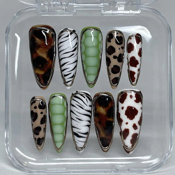 Handmade Mixed Animal Print Tortoise Cow Zebra Reptile Funky Press on Nails X70